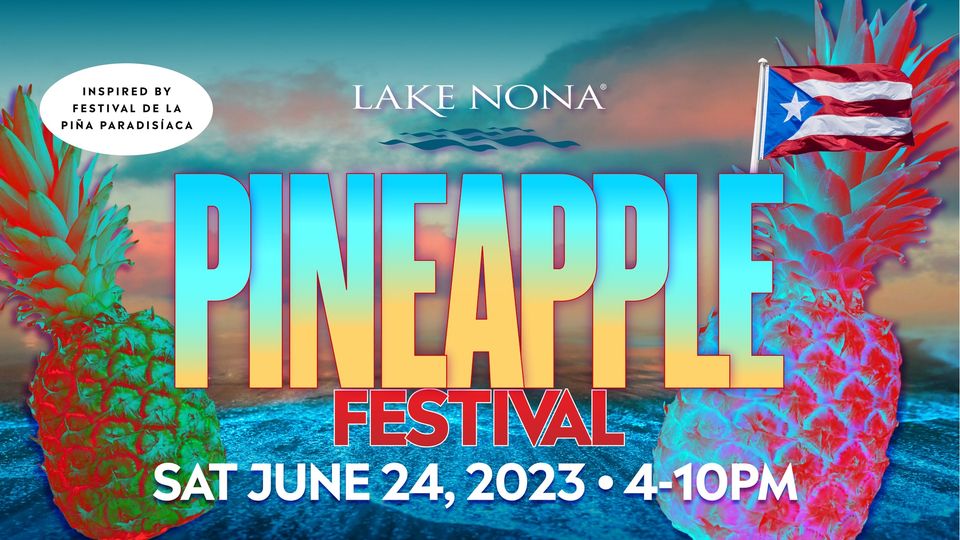 A poster promoting the Lake Nona Pineapple Festival featuring charter flights to the Bahamas.