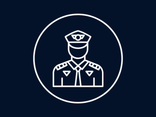 Outline icon of a pilot in uniform within a circle on a dark background.