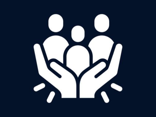 Icon of three people above two open hands, symbolizing support or community.