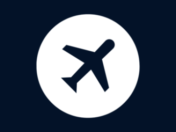 White airplane icon in a circle on a dark blue background.