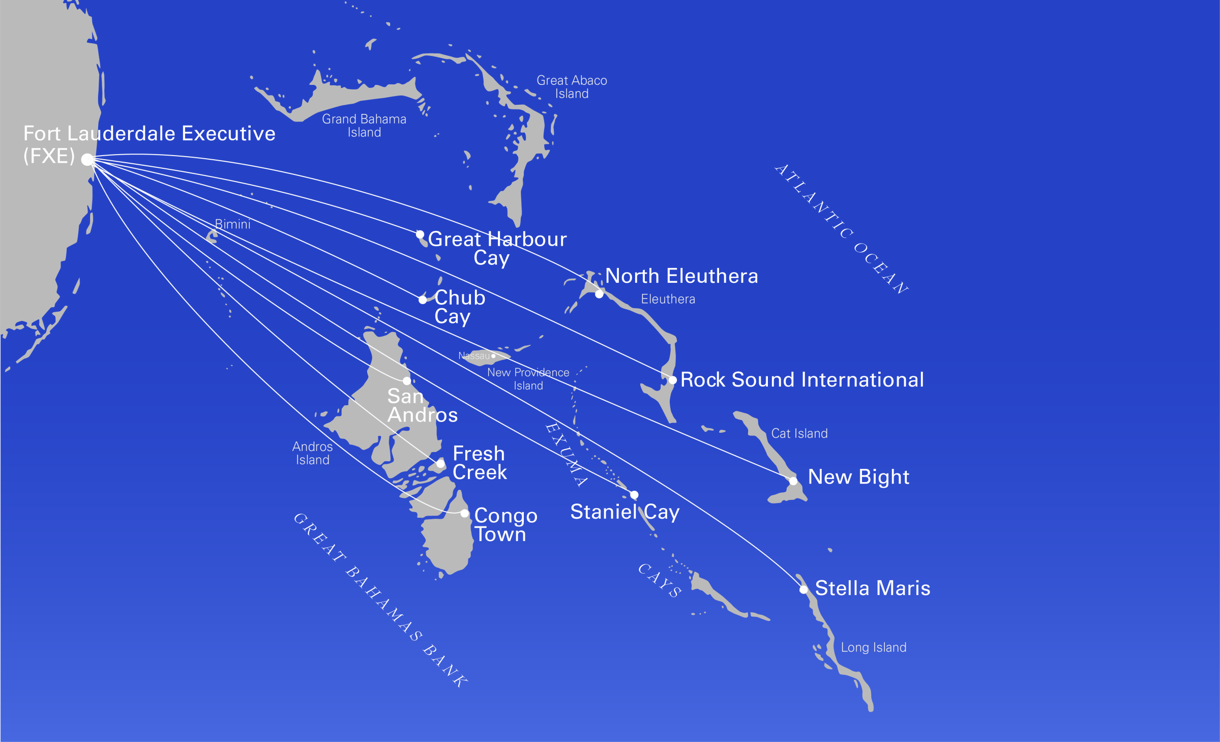 Map of flight routes from Fort Lauderdale Executive to various locations in the Bahamas.